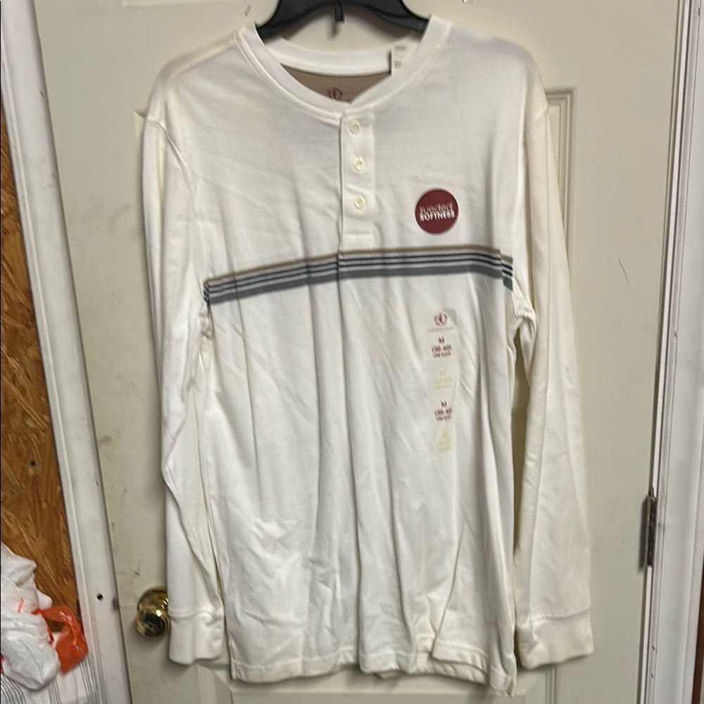 White Long Sleeve Henley Shirt 21797